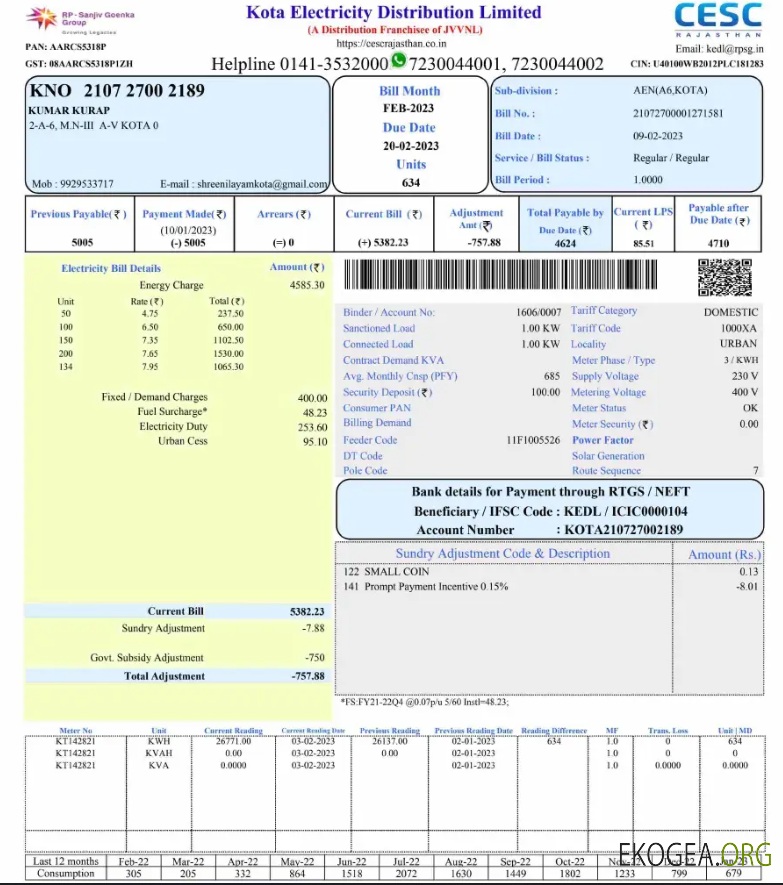 INDIA KOTA ELECTRICITY utiity bill Word and PDF template